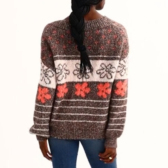 SO Womens V-Neck Pullover Sweater Oversized Chunky Knit Brown Daisy XS - Picture 3 of 12